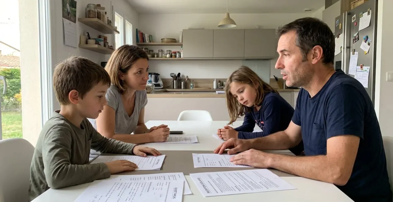 Une famille composée de deux adultes et deux enfants assise autour d'une table examine ensemble des documents de mutuelle santé dans un salon chaleureux