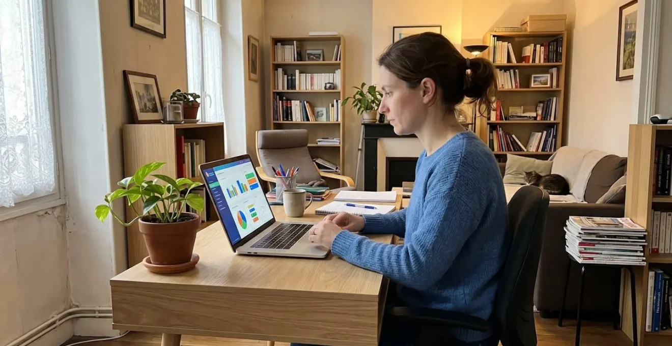 Une femme de 38 ans assise à son bureau consulte un comparateur de mutuelle santé sur son ordinateur portable dans un salon lumineux