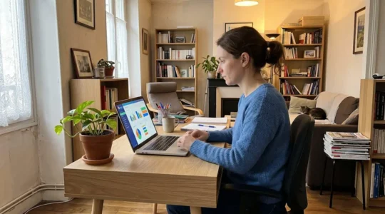 Une femme de 38 ans assise à son bureau consulte un comparateur de mutuelle santé sur son ordinateur portable dans un salon lumineux