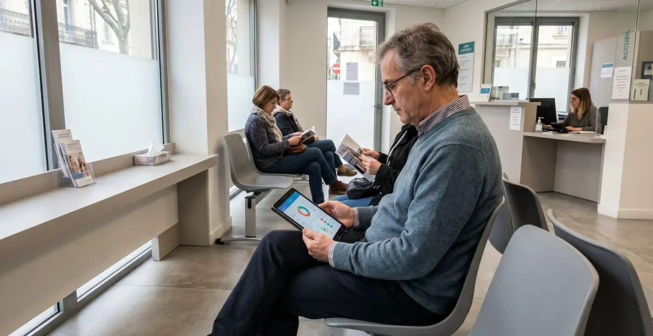 Un homme de 62 ans assis dans la salle d'attente d'un cabinet médical consulte des documents de remboursement sur sa tablette